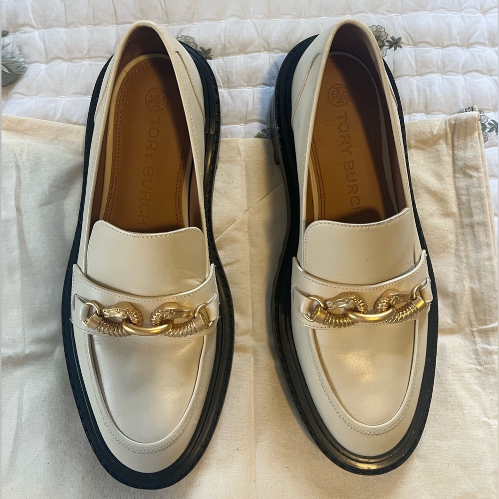 Tory Burch Jessa Lug Sole Loafer White Calf Leather Size 9